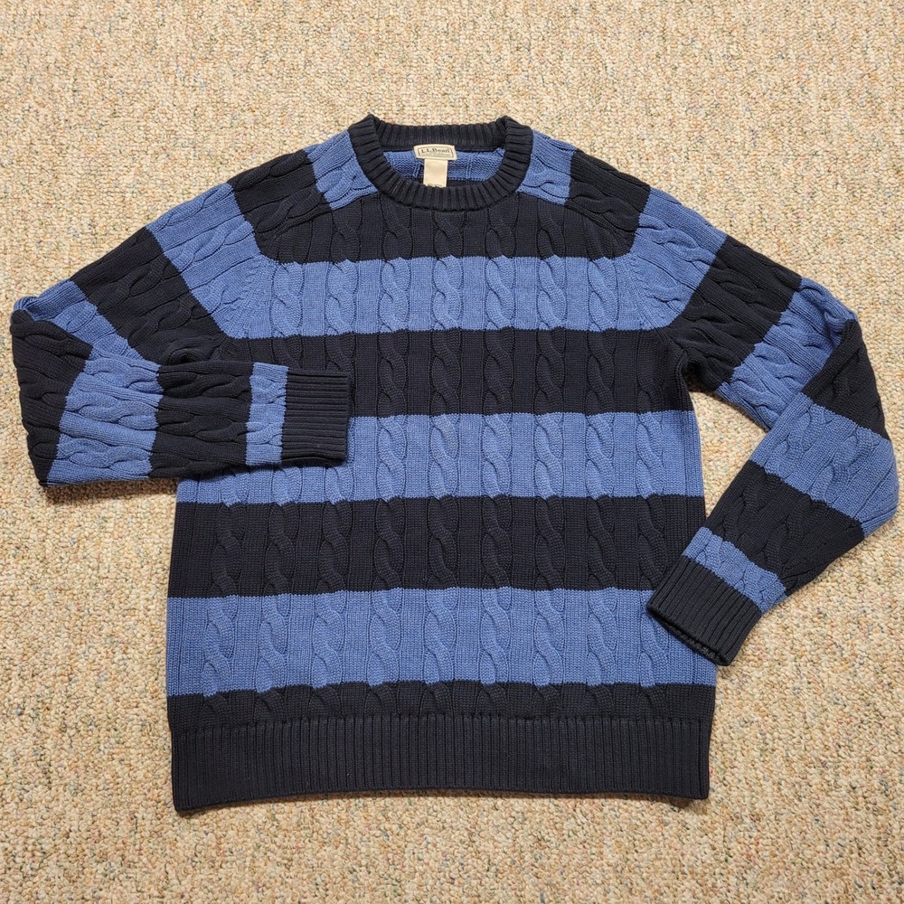 LL Bean Cable Knit Sweater Mens Medium Blue Black Stripe Cotton Fisherman